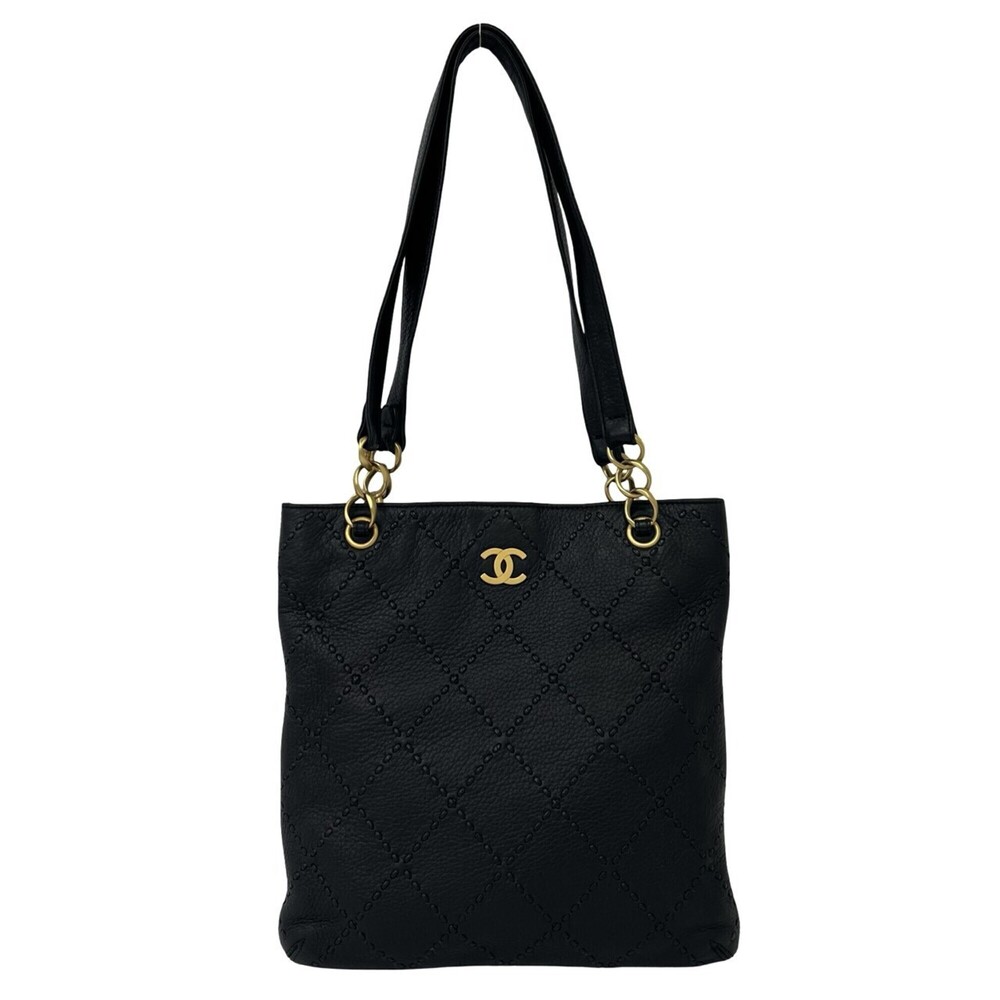 CHANEL Wild Stitch Coco Mark Leather Tote Bag Semi-Shoulder Black 37898